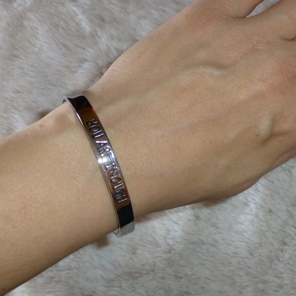 ‘You Are Enough' Motivational Stainless Steel Silver Open Bangle Bracelet, New